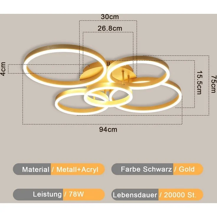 Nettlife LED Deckenleuchte Dimmbar Wohnzimmer Gold 2 Ring 46W 59CM Modern, Dimmbar mit Fernbedienung, LED fest integriert, Geeignet für Wohnzimmer, Schlafzimmer, Küche, Esszimmer, Büro – Bild 3