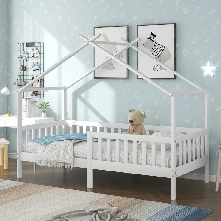 Hausbett 90×200 cm mit Rausfallschutz und Lattenrost, Weiß, ohne Matratze