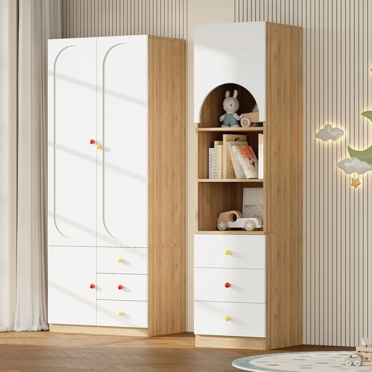 Kleiderschrank-Set mit Regal, B 130 x T 50 x H 200 cm, MDF in Weiß und Holzoptik