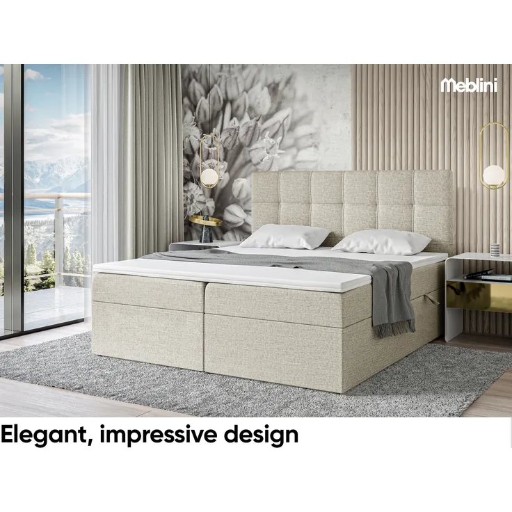 MEBLINI Boxspringbett NILS 140x200 cm mit Bettkasten - H3/Beige Webstoff Polsterbett - Doppelbett mit Topper & Bonellfederkern-Matratze