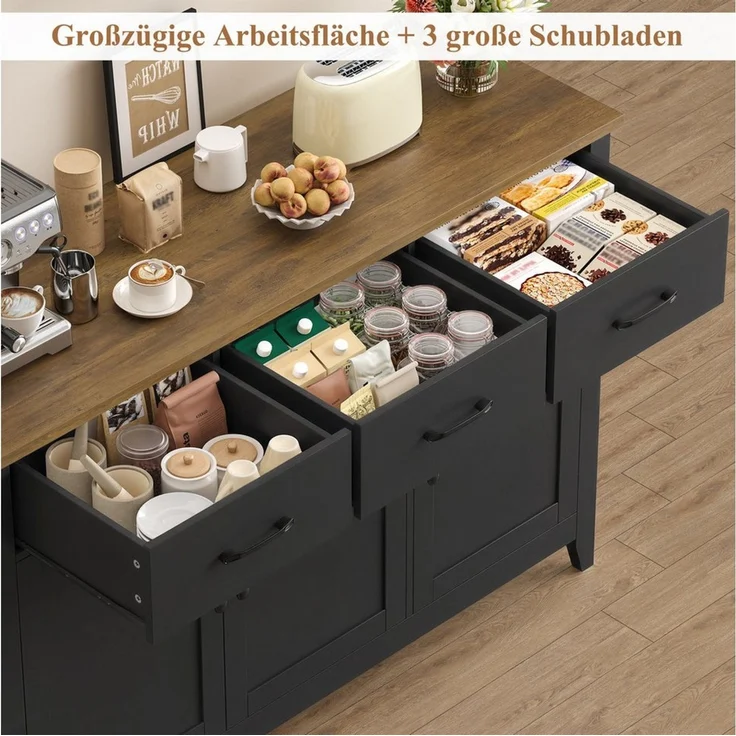 HOMECHO Sideboard, 120 cm Küchenschrank mit verstellbarem Regal, 3 Schubladen – Bild 3