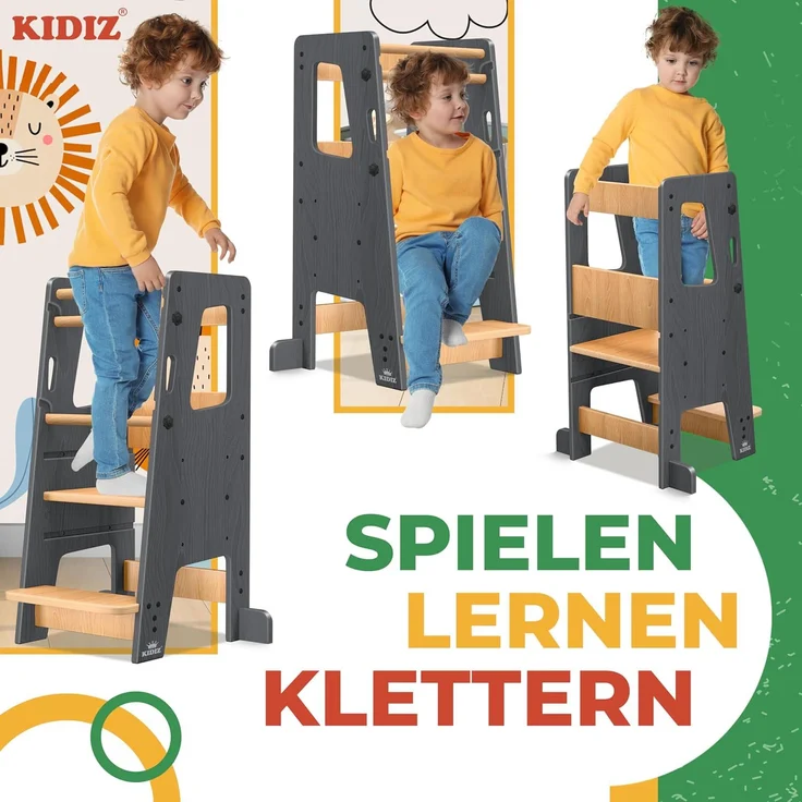KIDIZ® Lernturm für Kinder ab 1 Jahr inkl. Lernuhr | 3-stufig Höhenverstellbarer Tritthocker aus Kiefernholz | spielerisch motorische Fähigkeiten fördern Montessori Learning Tower bis 50 kg belastbar Anthrazit / Hellbraun – Bild 5