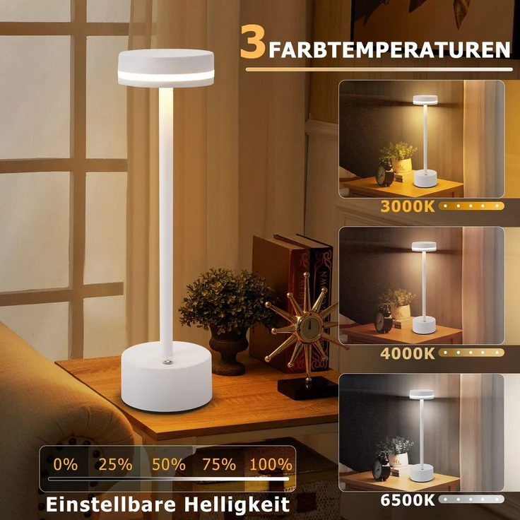ZMH Tischlampe Kabellos LED Tischleuchte Akku - Nachttischlampe Dimmbare mit USB-C Aufladbar Batterie Touch- Lampe Weiß Tischlampen -für Schlafzimmer Esszimmer Büro-2ER – Bild 3
