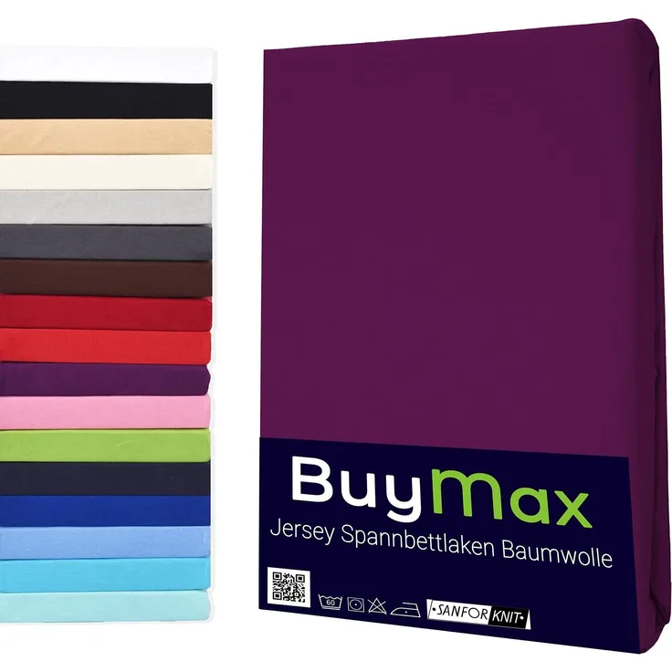 Buymax Spannbettlaken 200x200 cm Baumwolle 100% Spannbetttuch Bettlaken Jersey, Matratzenhöhe bis 25 cm, Farbe Aubergine