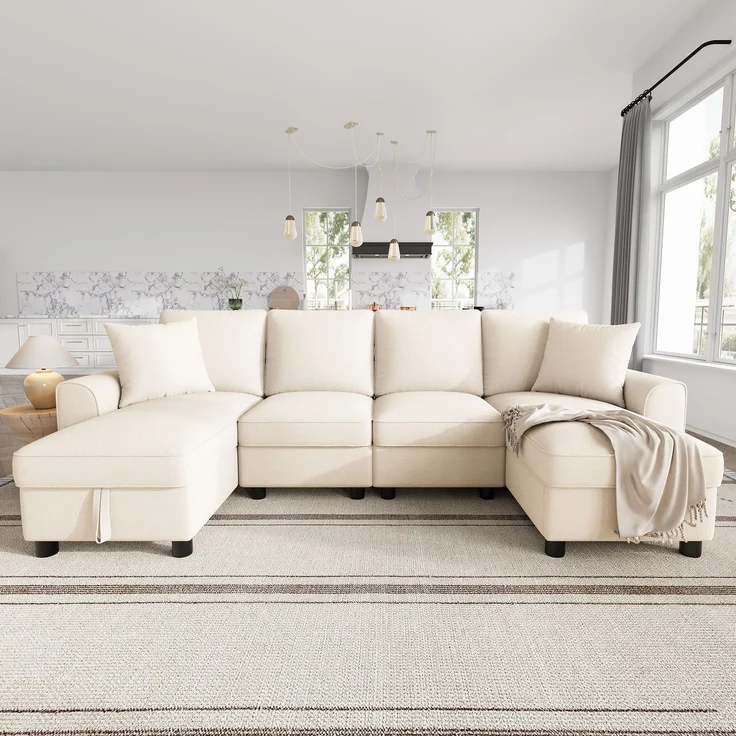 Chenille-U-Sofa mit 2 Stauraum-Chaiselongues und 2 Kissen, gepolsterte Wohnlandschaft 280 cm mit Taschenfederkern, Beige – Bild 23
