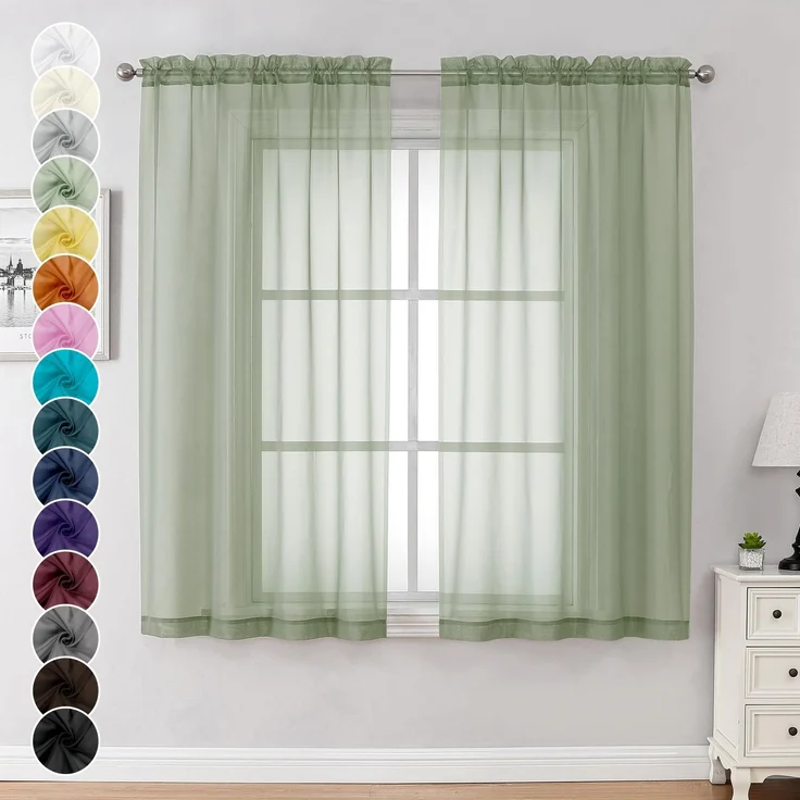 Chyhomenyc Durchsichtige Vorhänge, Salbeigrün, 137 cm lang, 2 Stoffbahnen, Kurze Stangentaschen, Voile-Vorhänge für Esszimmer, kleine Fenster, Badezimmer, Wohnzimmer, Schlafzimmer, jeweils 106x137