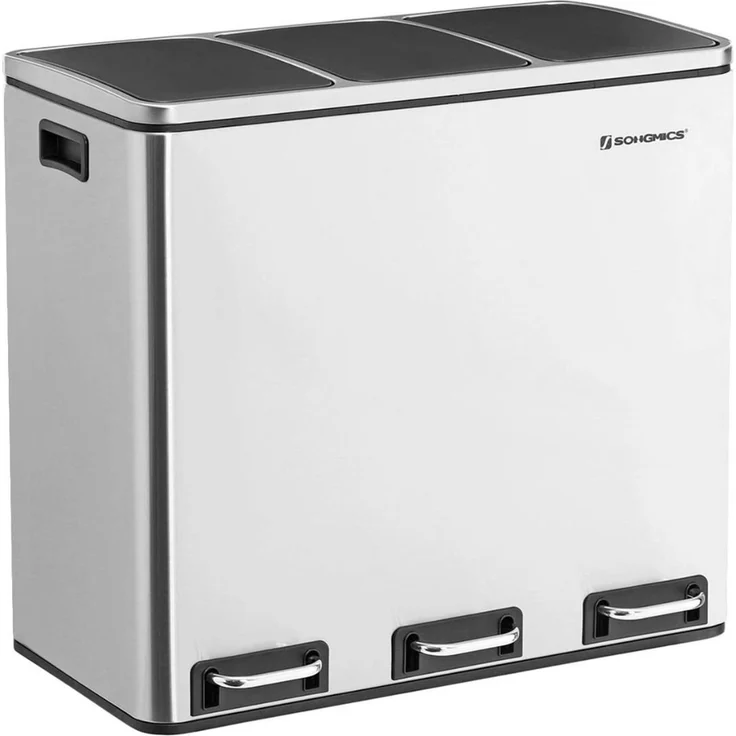 Songmics Mülleimer mit Deckel mit langsamem Verschluss, Inneneimern & Griffen, Silber, 3 Fächer, 3x18 Liter – Bild 1