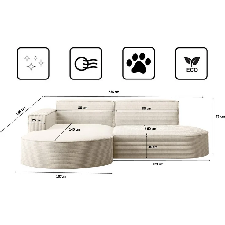 Kaiser Möbel Ecksofa Designer MODENA STUDIO L stoff Cord, Ecksofa, Cord Sofa, L-Form, Links/Rechts wählbar – Bild 3