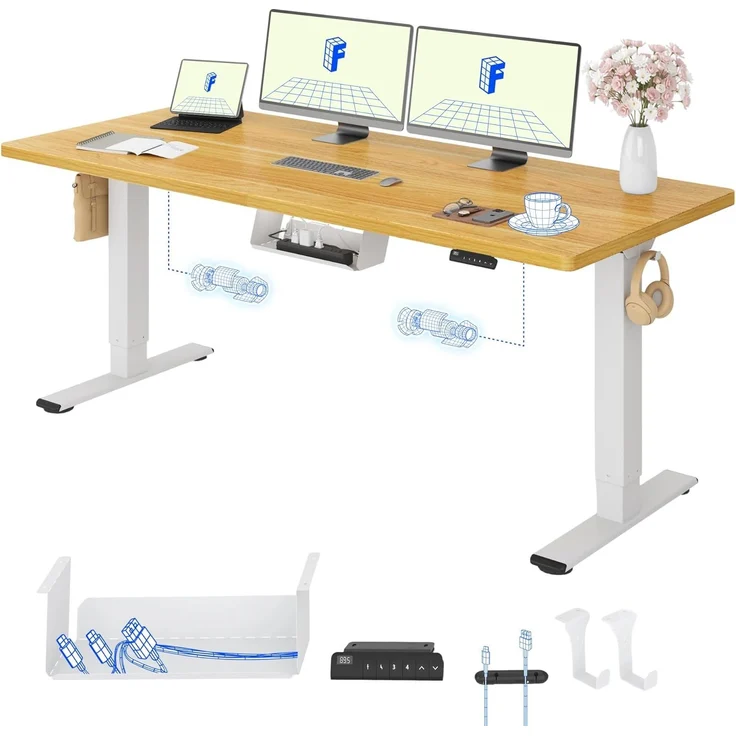 FLEXISPOT Höhenverstellbarer Schreibtisch Basic Plus 180x80 cm-EINTEILIGE TISCHPLATTE,Tischgestell elektrisch mit 2 MOTOREN,Memory-Handsteuerung-Sitz-Stehpult,Esstich (Ahorn) – Bild 1