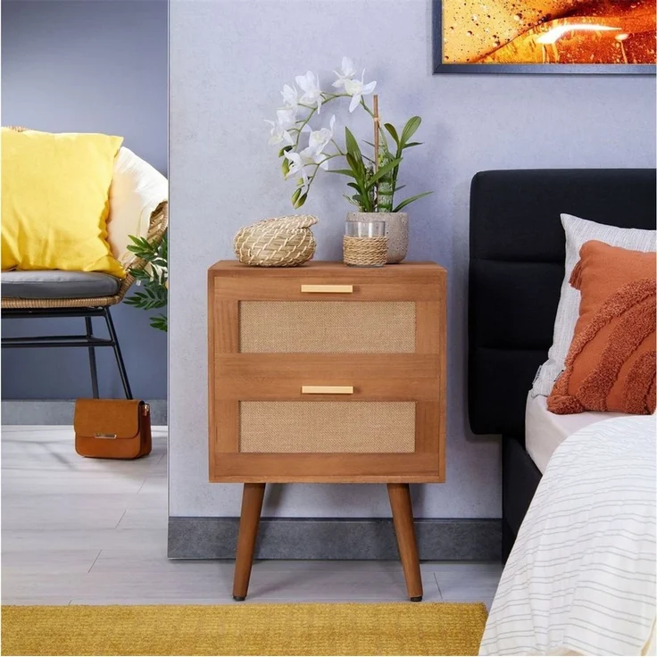 CARO-Möbel Nachtkommode WAMAN, Nachttisch Nachtkommode 2 Schubladen aus Holz und Jute Geflecht Boho – Bild 1