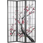 Paravent Raumteiler 3 teilig, Holz Schwarz, Reispapier Weiß, Kirschmuster, Höhe 179 cm