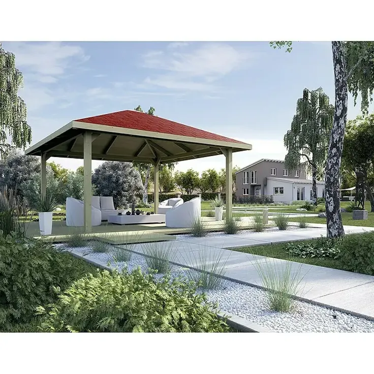 Weka Pavillon Gartenoase 651 A, 480 x 480 cm, aus Kiefernholz mit roten Dachschindeln, Kesseldruckimprägnierung