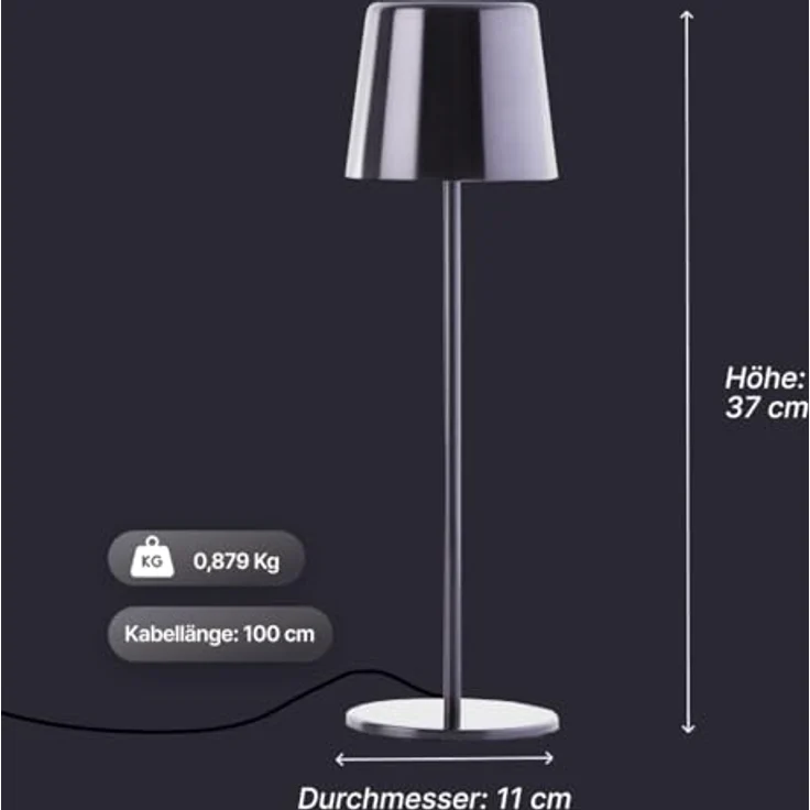 Brilliant Xaana LED-Tischlampe, Höhenverstellbar, touch dimmer stufenlos, IP44 spritzwassergeschützt, USB aufladbar, Schwarz verchromt, 37 cm hoch, für Innen- und Außenbereich – Bild 9