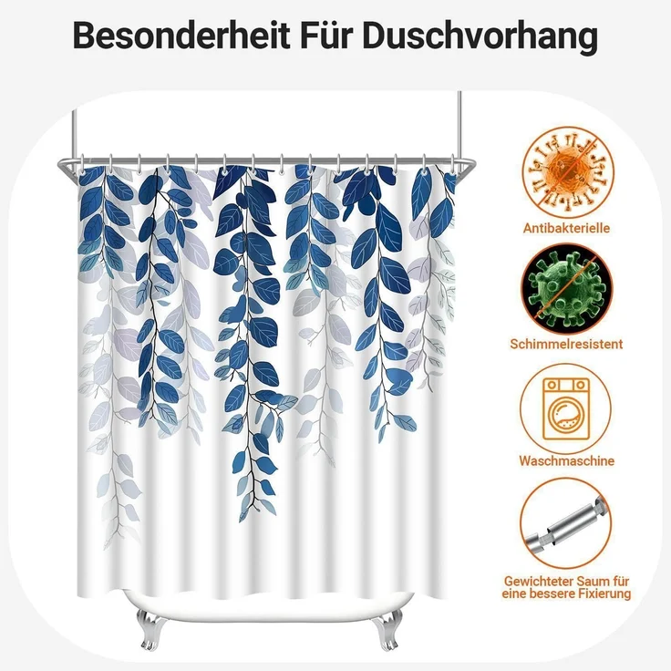 Lerores Duschvorhang 240x200cm Blaublatt Antischimmel Polyester Stoff 16 Ösen – Bild 7