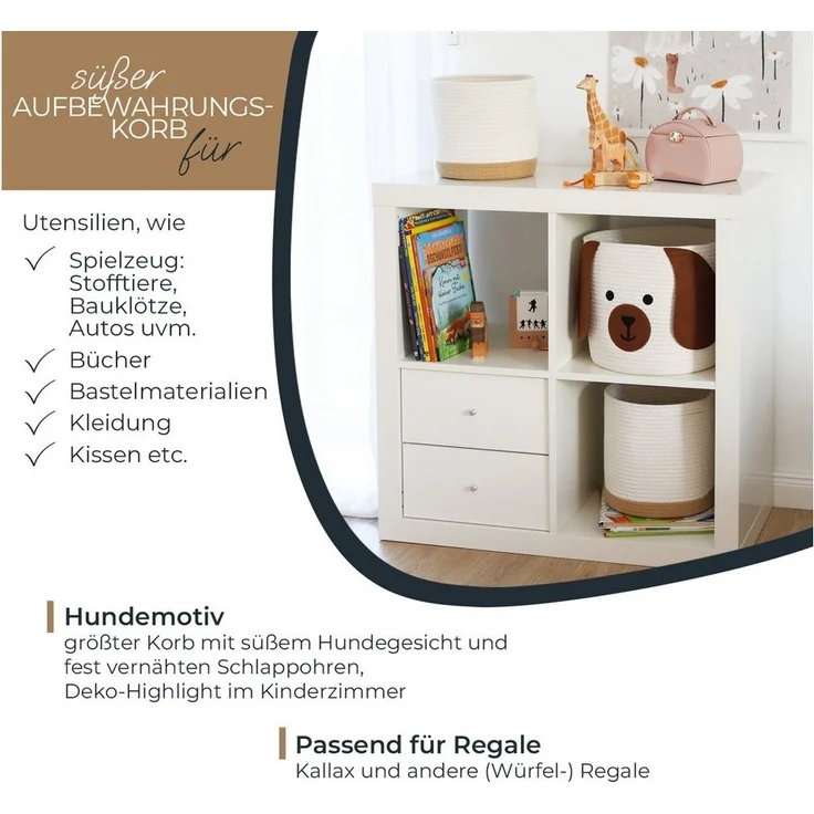 HMF Aufbewahrungskorb Aufbewahrungskorb mit versteckten Griffen (3er, Set), Korb für Kinderzimmer aus Baumwolle, Hund, Groß, Mittel, Klein – Bild 2