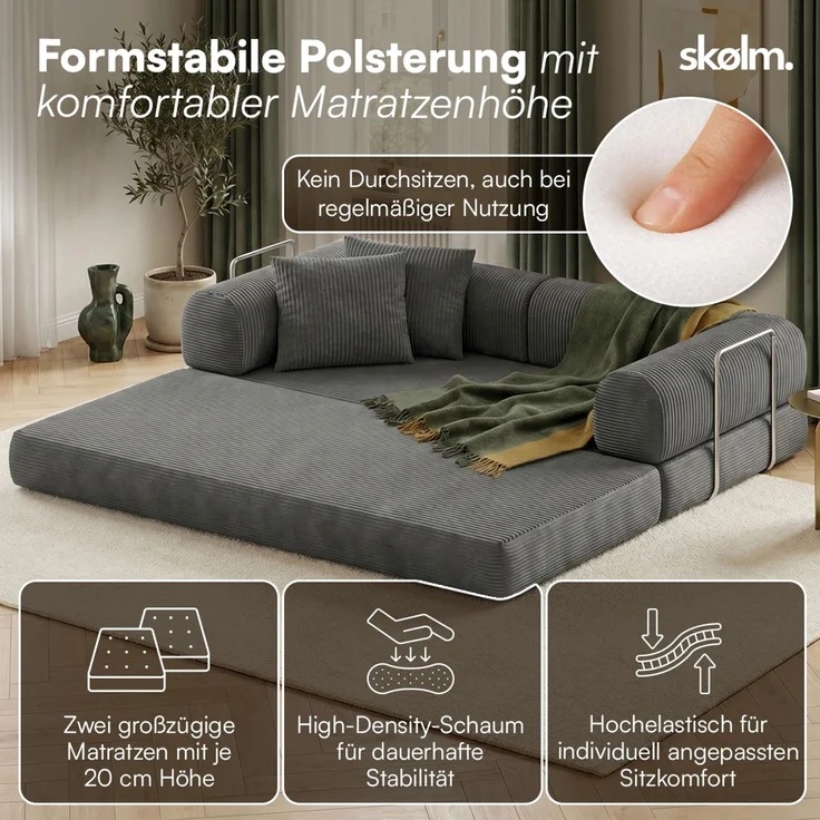 skølm 'Lofn' Modulares Sofa 2 Sitzer, 200x100 cm, Vollschaumcouch mit Metallgestell, Cord dunkelgrau, Schlafsofa vakuumverpackt, kein Aufbau erforderlich – Bild 2