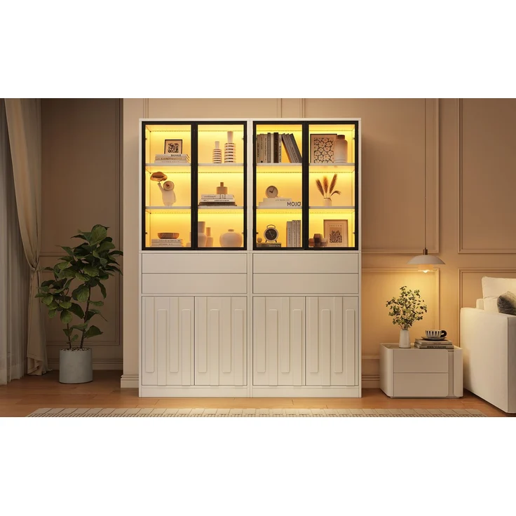 Zweierpackungen Vitrine Display Schrank 140×34×180cm aus Spanplatte, Bücherschrank mit 2 Glastüren, 2 Schublade, LED‑Beleuchtung,hohe Schränke, Weinschränke, vitrinen schrank für Wohnzimmer,Weiß--Weiß--140x34x180cm--YOUDENOVA – Bild 7