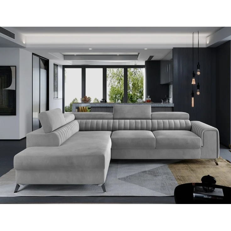 Ecksofa mit Schlaffunktion Sofa ELENI Stoff Monolith Hellgrau Ottomane Links – Bild 4