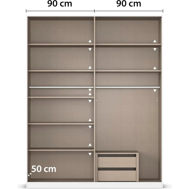 Rauch Möbel Alabama, Kleiderschrank, Garderobe, 4-türig, Zubehör Premium, 2 Kleiderstangen, 7 Einlegeböden, Schubladeneinsatz, Farbe Weiß, Griff Grau metallic, 181 x 229 x 54 cm – Bild 8