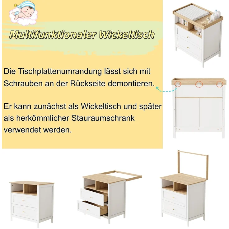 CHICFURN Kleiderschrank-Wickeltisch-Set mit Schiebetüren, Schubladen und abnehmbarem Schutzgitter Natur+Weiß 90x50x180 cm – Bild 4
