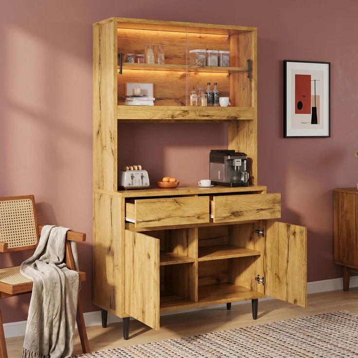 Merax Buffetschränke, Esszimmer-Hochschrank 100*40*185 cm, mehrstufigem Stauraum, integrierter Steckdose sowie USB-C- und USB-A-Anschlüssen,Mit farbigem Lichtstreifen, Eichenfarbe – Bild 2