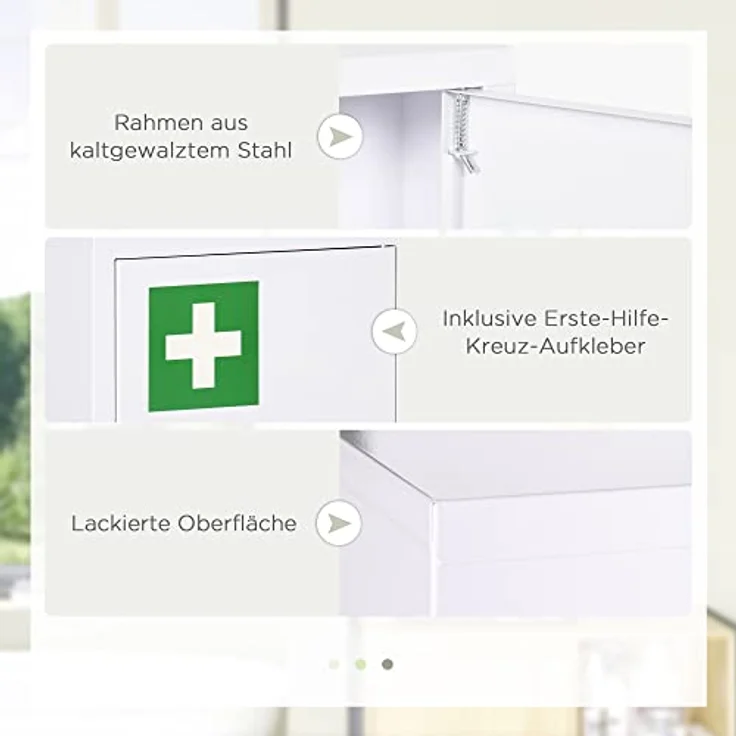 Kleankin Medizinschrank Apothekerschrank mit 3 Fächern (Erste Hilfe Schrank, 1-St, Medikamentenschrank) Stahl, Weiß, 40 x 15 x 53,5 cm – Bild 7