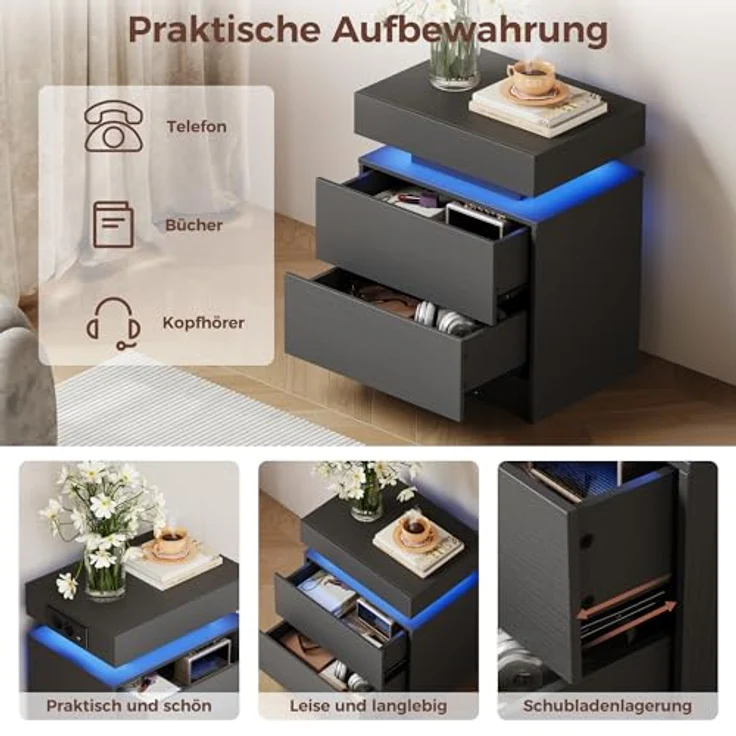 IRONCK Nachttisch Grau mit LED-Licht & Ladefunktion, Beistelltisch mit USB+Typ-C Anschlussen, Nachtschrank mit 2 Schubladen, Sofatisch für Schlafzimmer, Wohnzimmer, 35 x 48 x 60 cm – Bild 7