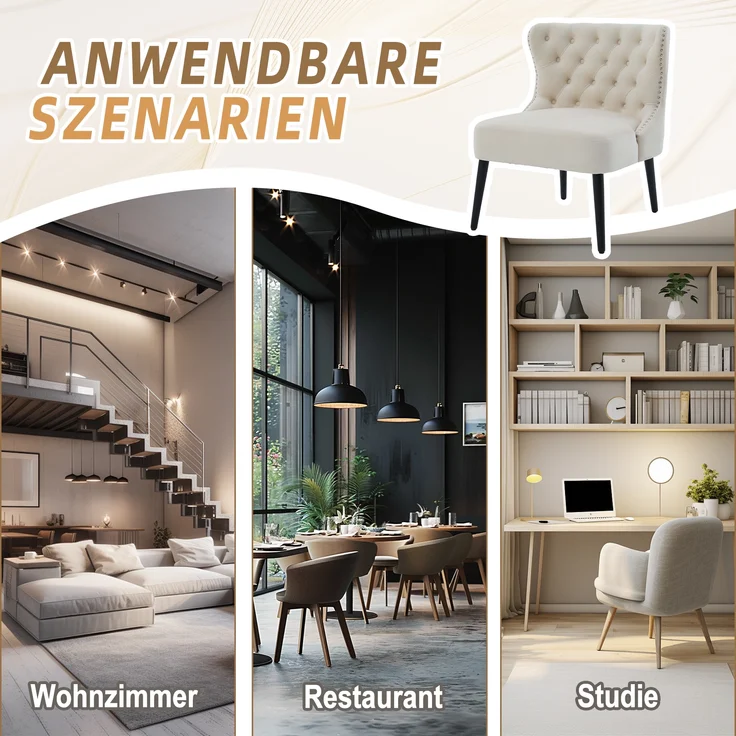 LVHOM Polsterstuhl aus Samt, Esszimmerstühle mit Knopfheftung, ohne Armlehnen, Massivholz Beine, Für Wohnzimmer, Büro & Schlafzimmer, Beige – Bild 7