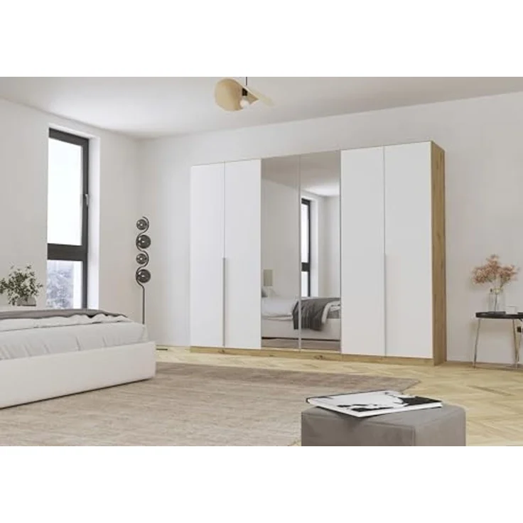 Rauch Möbel Alabama, Kleiderschrank für Schlafzimmer, Kinderzimmer, Wohnzimmer, Garderobe, Flur, 6-türig, Spiegel, mit Zubehör Premium, Farbe Weiß/Eiche Artisan, Holz, Breite 271 cm – Bild 2