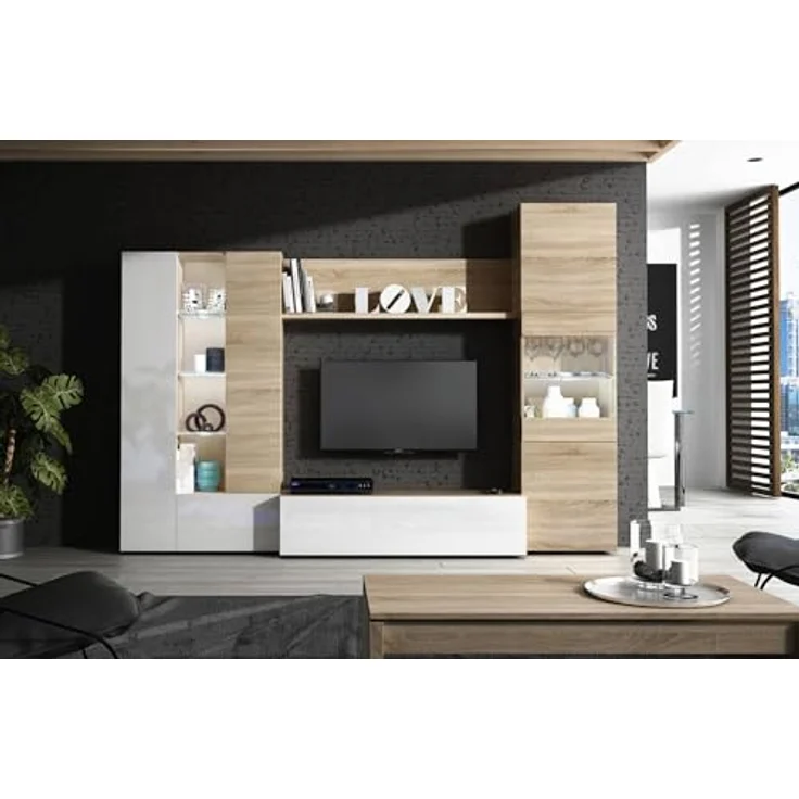 Dmora - Wohnzimmermöbel Raleigh, modulares TV-Ständer-Wohnzimmerelement, Wohnzimmerkomposition mit Wandelementen und Vitrinen und LED-Licht, 260 x 42 x 185 cm, Eiche und Weiß – Bild 5