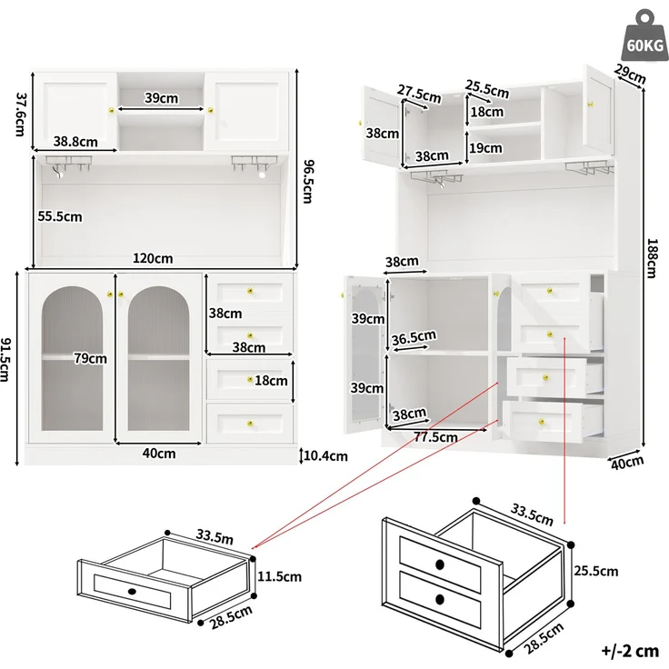 Buffetschrank mit LED-Lichtleiste & Fluted Glas, 120x40x188 cm, Weiß – Bild 4