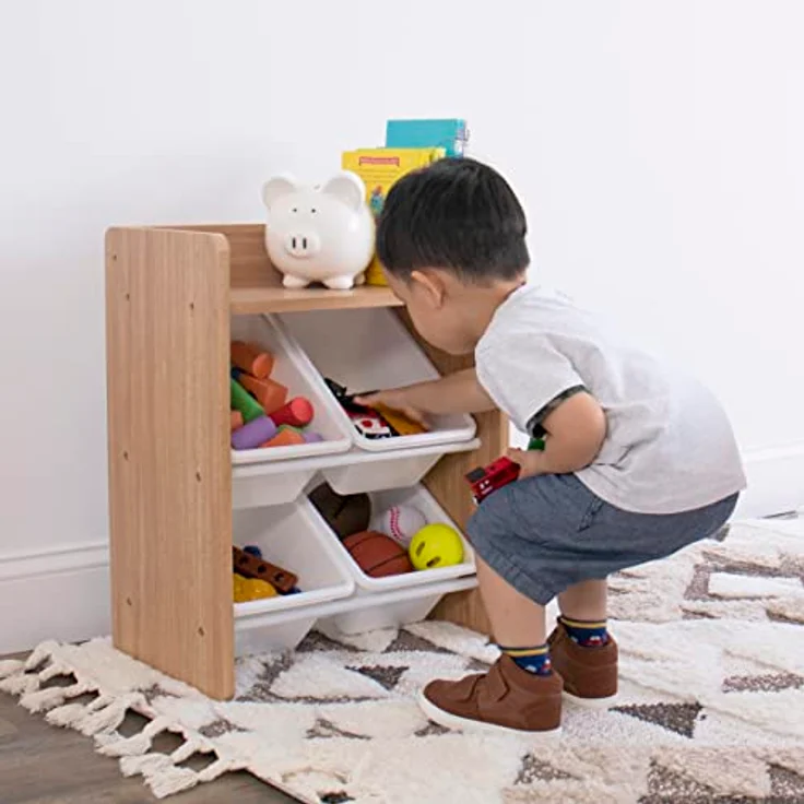 Humble Crew stilvolles Kinderregal in Natur/Weiß! 4 Boxen für Spielzeug, ideal für Kinderzimmer. Jetzt Ordnung mit natürlichem Charme schaffen – Bild 7