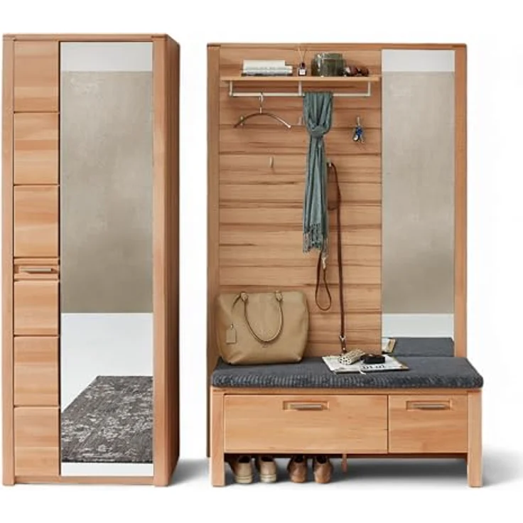 Stella Trading Nature ONE Flurgarderoben Set in Kernbuche Teil-massiv FSC-Zertifiziert - Modernes Garderobenset 3-teilig für Ihren Eingangsbereich - 209 x 201 x 40 cm (B/H/T) – Bild 2