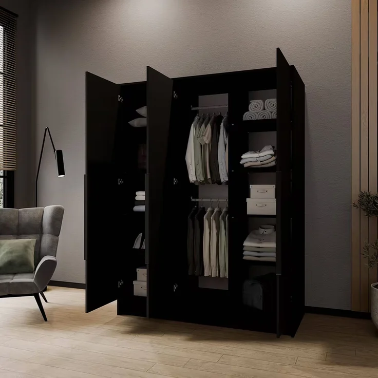 MEBLINI Kleiderschrank PORTINA 150cm - Schwarz Matt - mit schwarzen Griffen - Drehtürenschrank ohne Spiegel - Kleiderstangen und Regalböden – Bild 3