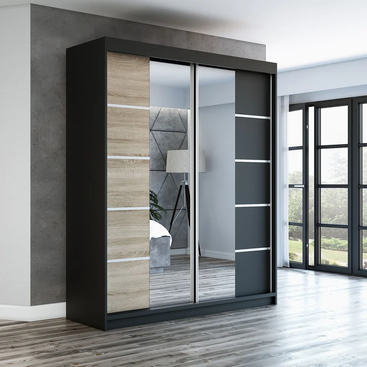 Schwebetürenschrank ERA 2-türig Schrank 180 cm (mit Spiegel) Farbe: Schwarz , sonoma – Bild 2