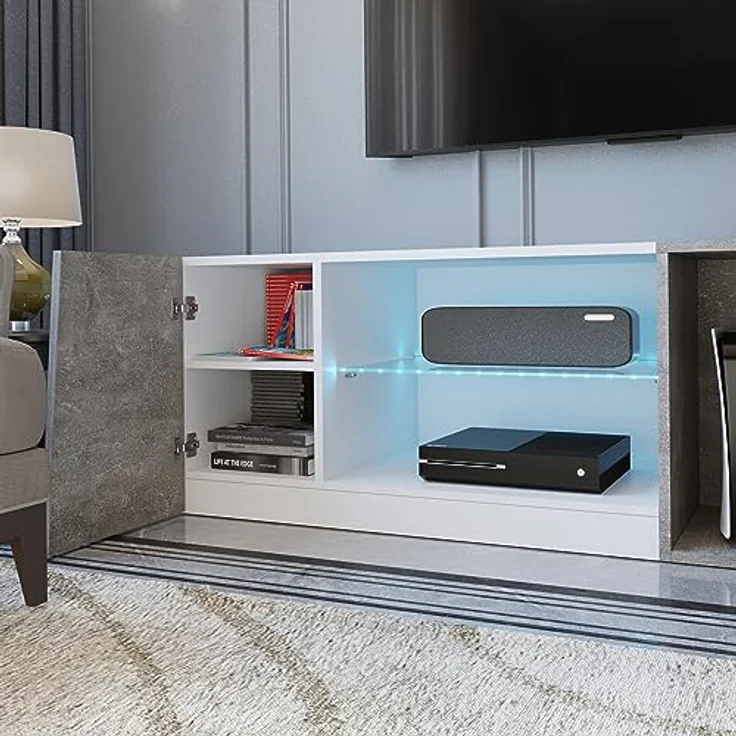 Mondeer TV Schrank, LED TV Lowboard Fernsehtisch mit 5 offenen Fächern und 1 Tür Geeignet, für Wohnzimmer Schlafzimmer, B140 x H45 x T37,5 cm, Weiß und Grau – Bild 9