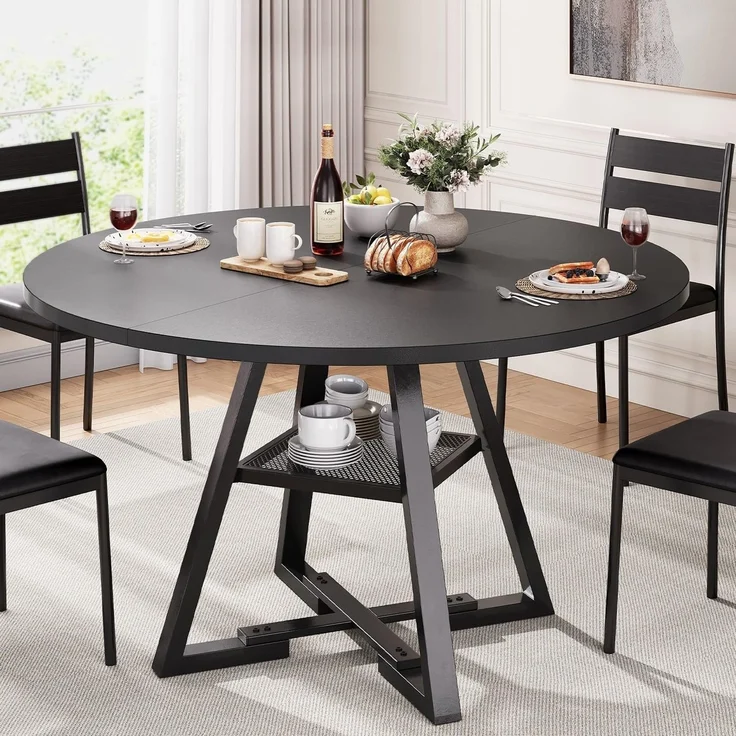 Jocoevol Esstisch Runder für 4 Personen, Esszimmertisch mit Ablage, platzsparender Küchentisch aus Holz im Industrial Design (Schwarz, 120 x 120 x 76 cm)