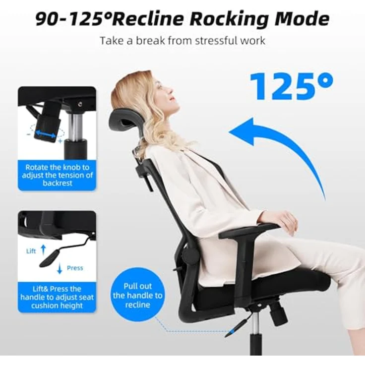 Daccormax Bürostuhl Ergonomisch, Schreibtischstuhl mit Verstellbarer Kopfstütze, Armlehnen, Lendenwirbelstütze, Drehstuhl Wippfunktion bis 135°, Chefsessel aus Mesh,Rückenschonend, Bürostuhl 150kg – Bild 7