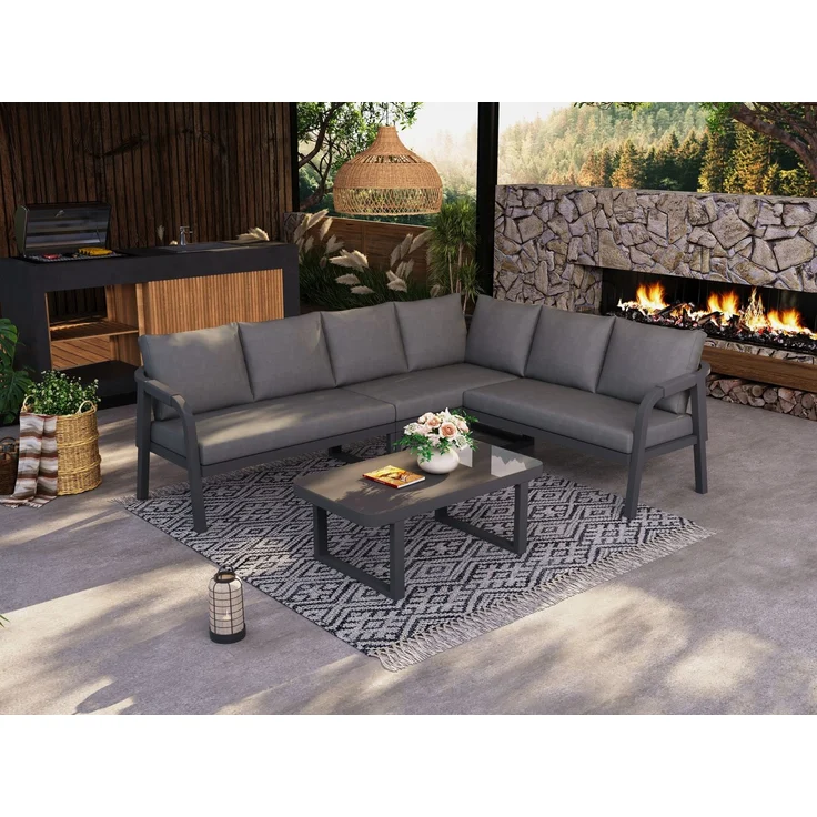 Merax Gartenmöbel-Set 6 Sitzer, Gartenlounge-Set Gartensofa mit Kissen und Tisch, Gartengarnitur Sofagarnitur Geflochten, Grau – Bild 9