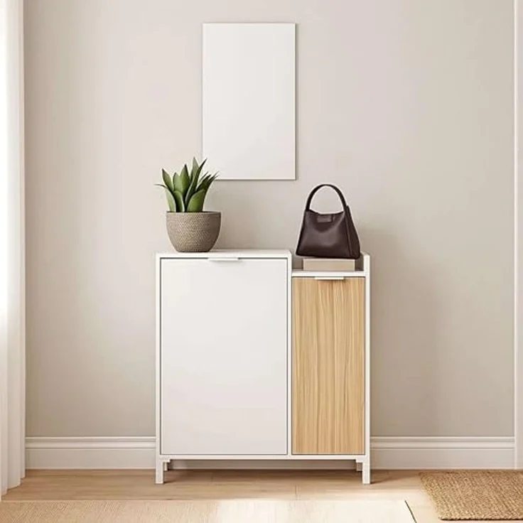 Habitdesign, Garderobe mit Schuhschrank und Spiegel – platzsparendes Flurmöbel in Artik weiß und Natur für den Eingangsbereich, modernes Design, Maße: 77 x 91 x 24 cm (B x H x T), Modell Ethna – Bild 5