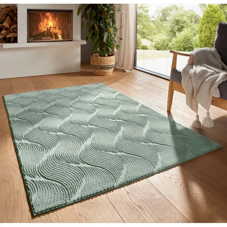 TaraCarpet Teppich TaraCarpet Homestyle 392 Shell, rund, Höhe: 10 mm, Felloptik hoch-tief weich waschbar Düne grün 80x80 rund