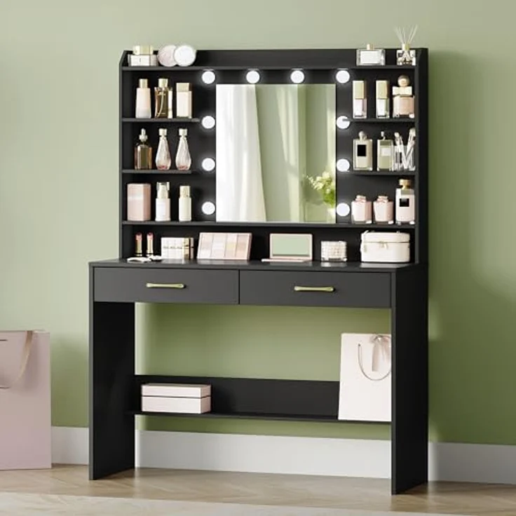 Schminktisch mit Spiegel, Schminktisch mit Ablageflächen und 2 Schubladen, für Schlafzimmer, Wohnzimmer, Verstellbare Helligkeit, 40 x 100 x 149 cm, Schwarz – Bild 1