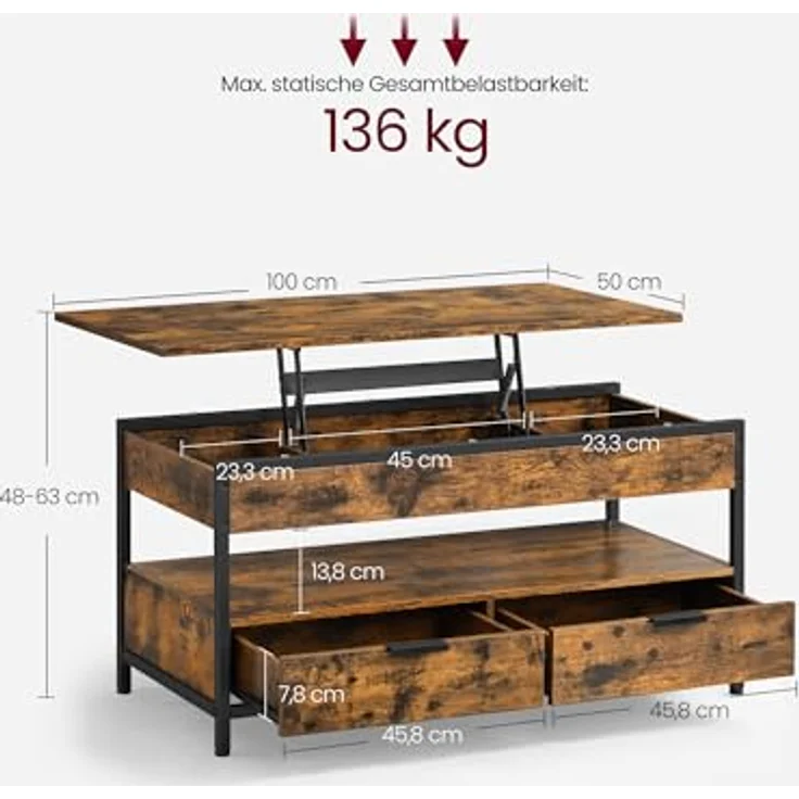 VASAGLE Couchtisch, höhenverstellbarer Wohnzimmertisch, Kaffeetisch, mit Schubladen, offenes Fach, 50 x 100 cm, vintagebraun-tintenschwarz LCT209K01 – Bild 4