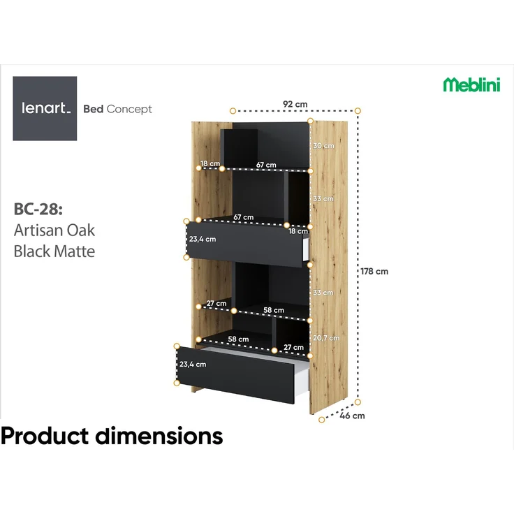 MEBLINI Wohnzimmerschrank BC-28 für Schrankbett - Artisan Eiche/Schwarz - 92x178x46cm - Hochschrank mit Regalen, Fächern und Schubladen – Bild 4