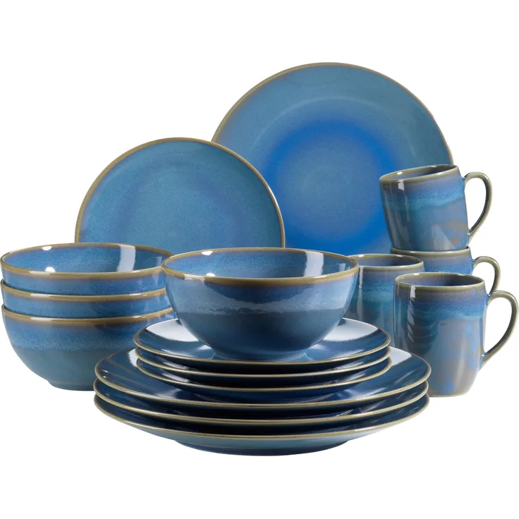 Mäser 931547 Ossia Geschirr-Set für 4 Personen im mediterranen Vintage-Look, Kombiservice, Porzellan, hellblau, 16-teilig (1 Set)