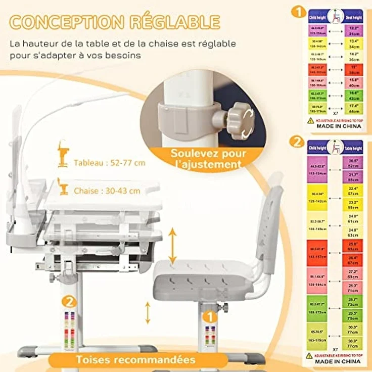 HOMCOM Kinderstuhl und Schreibtisch Set mit LED Lampe, Höhenverstellbar, Studientisch und Stuhl für Kinder, geneigte Tablett, Leseständer, Stiftebox, Schublade und Getränkehalter, Grau – Bild 7