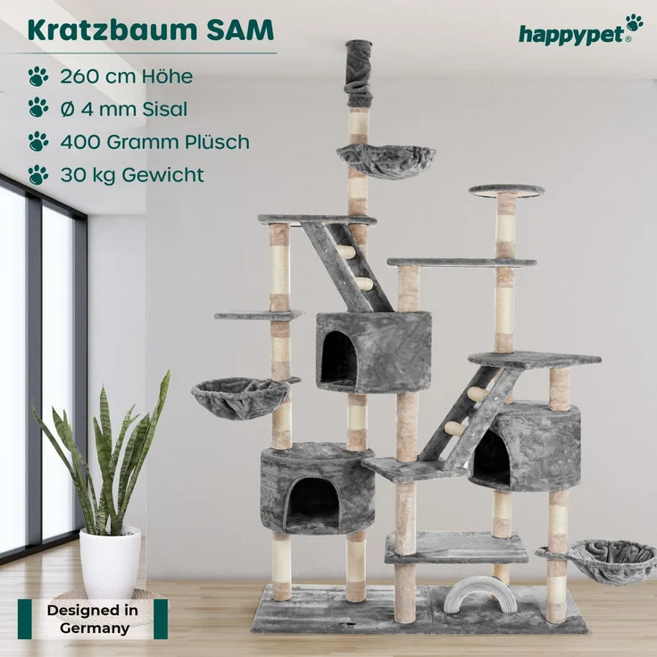 Happypet Kratzbaum SAM, Gesamthöhe bis 260 cm, Extra Breit, Deckenhoch mit viel Zubehör – Bild 2
