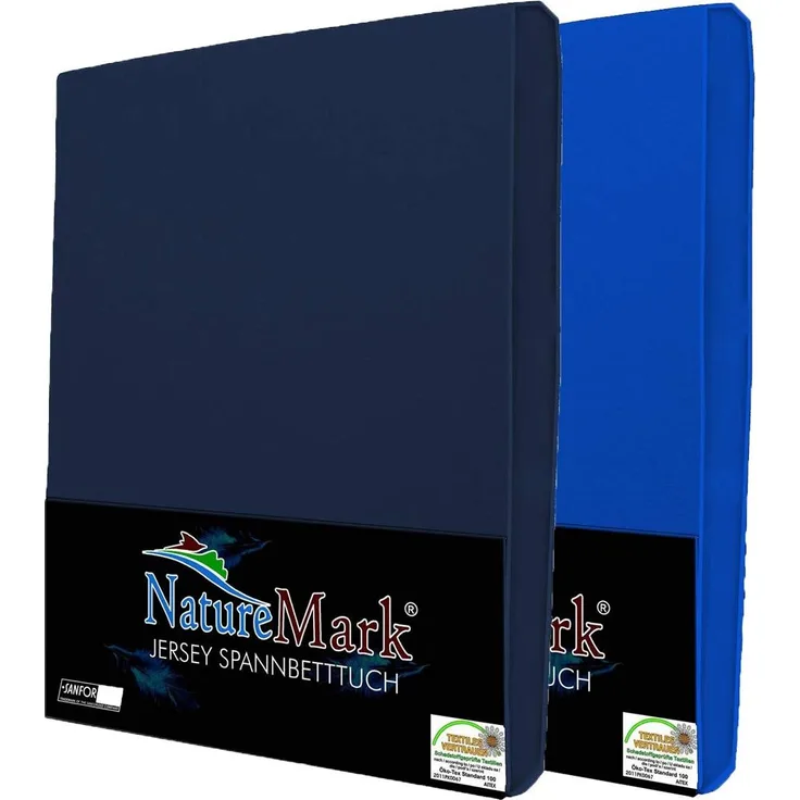 NatureMark 2er Pack Jersey Spannbettlaken, Spannbetttuch 100% Baumwolle in vielen Größen und Farben MARKENQUALITÄT ÖKOTEX Standard 100 | 140x200 cm - 160x200 cm - Navy/Royal