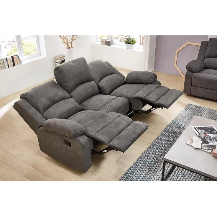 3-Sitzer-Relaxsofa Couch Liegefunktion Federkern Polster Stoff Vintage Anthrazit – Bild 4