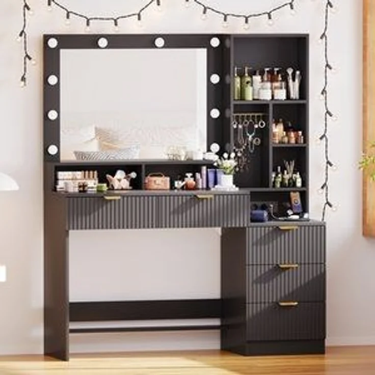 Furnicopia Schminktisch Einstellbare LED-Beleuchtung Fünf Schubladen und sieben Staufächer (Abmessungen: 114 × 40 × 149 cm Der Schminktisch verfügt über zwei europäische Steckdosen, einen USB-Anschluss, einen Typ-C-Anschluss und zwölf Schmuckhaken) – Bild 6